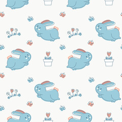 Blue Bunny Seamless Pattern with Potted Flowers Illustration. Blue Rabbit vector print design with tulip and butterfly for kid.