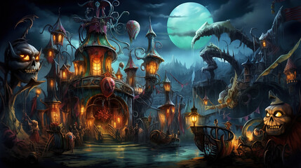 "Ghoulish Carnival" A creepy carnival-themed wallpaper with a sinister twist. An abandoned carousel spins in the moonlight, and ghostly figures ride the ghost train.