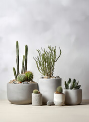 Serenity in Gray: Minimalist Concrete Pots and Cactus with Gray Wall
