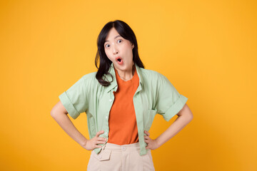 Expressive and surprising, a young Asian woman 30s wearing a green shirt on an orange shirt showing surprise face while standing with akimbo arms. unexpected with vibrant image on yellow background.