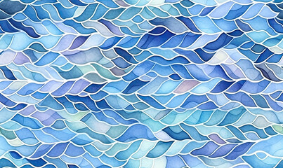 Watercolor tiles seamless pattern. Blue wave abstract wallpaper. For fabric design. Created with...