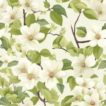 White flowers seamless pattern.Flowers on tree wallpaper. For fabric design. Created with generative AI tools