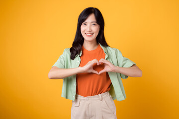 healthcare and wellness with an Asian young woman in her 30s, wearing a green shirt. showcases a heart hand gesture on her chest against a yellow background, embodying the concept of body wellness.