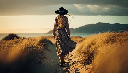 Rear view of casual woman summer dress walking travel on the coast line sand beach ocean side travel and tour background concept,ai generate - obrazy, fototapety, plakaty