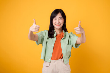 young Asian woman 30s, elegantly attired in orange shirt and green jumper. Her thumbs up gesture,...