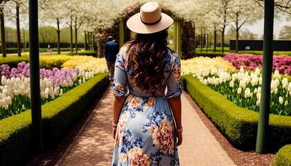 Casual traveller woman in casual cloth rear view of solo female traveller with nature landscape beaufitul scenery famous natural place serene and peaceful tourism moment summertime,ai generate