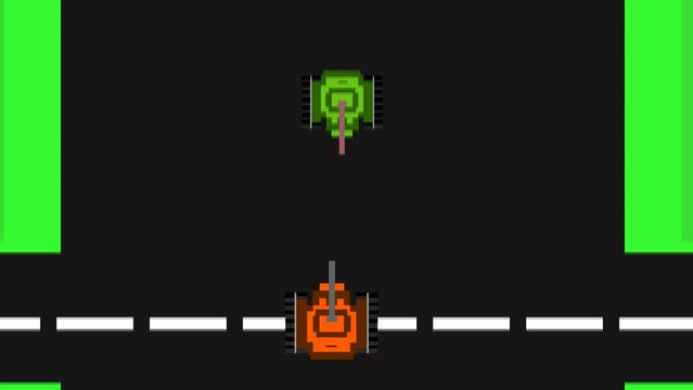 Animated video of a computer game of an 8-bit war tank shooting enemy tanks. pixel art, 2d animation.