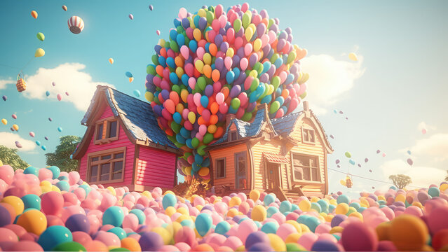 House with balloons bunch flying in the sky. Real estate purchasing, moving house and housewarming concept. Generative AI