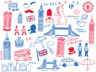 イギリス、ロンドンの線画イラスト(手描き、アート、ビッグ・ベン、ロンドンバス、橋、女王、アフタヌーンティー) A line drawing illustration of London, England.Hand-drawn, Art, Big Ben, London Bus, Bridge, Queen and Afternoon Tea.