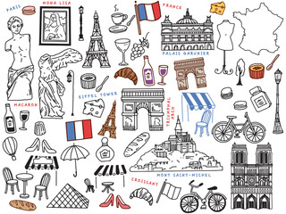 フランス、パリの線画イラスト(手描き、アート、凱旋門、エッフェル塔、ファッション、クロワッサン) A line drawing illustration of Paris, France.Hand-drawn, art, triumphal arch, Eiffel Tower, fashion and croissant.