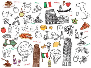 イタリア、ローマの線画イラスト(手描き、アート、ピサの斜塔、コロッセオ、ピザ、パスタ、チーズ、ゴンドラ) A line drawing illustration of Rome, Italy.Hand-drawn, art, Leaning Tower of Pisa, Colosseum, pizza, pasta, cheese and gondola.