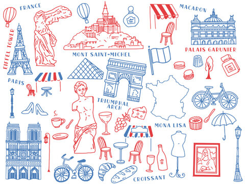 フランス、パリの線画イラスト(手描き、アート、凱旋門、エッフェル塔、ファッション、クロワッサン) A line drawing illustration of Paris, France.Hand-drawn, art, triumphal arch, Eiffel Tower, fashion and croissant.