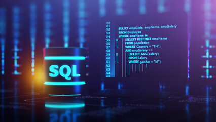 SQL statements (Structured Query Language) code on a computer monitor with Databases and computer server background. Example of SQL code to query data from a database. 3D rendering.