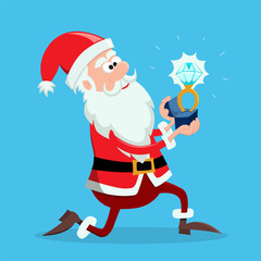 Santa Claus kneels down and gives ring. Cute Santa presents piece of jewelry or proposes. Flat vector illustration.
