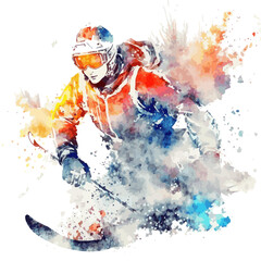 Cartoon illustration of an abstract watercolor man skiing on transparent background