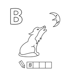 Cartoon wolf coloring pages. Learning game for small children - write a word in Russian language. Vector alphabet for kids