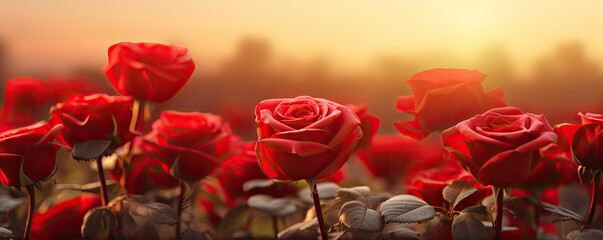 Red roses field in sunlight background. panorama photo