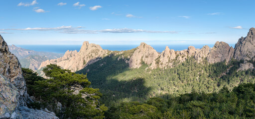 Panorama des montagnes du sud de la Corse, forêt, montagnes, et mer Méditerranée en arrière plan. 