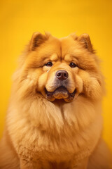 Close up of dog's face with bright yellow background.
