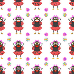 Seamless Pattern Abstract Elements Different Ladybug Insect Beetle With Flower Vector Design Style Background Illustration Texture For Prints Textiles, Clothing, Gift Wrap, Wallpaper, Pastel
