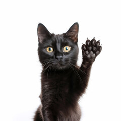 Black cat with paw raised up in front of white background.