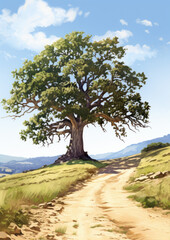 Fototapeta premium Alone tree in green field with blue sky. illustrative