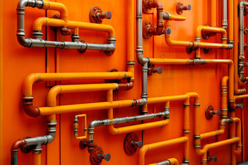 Wall of orange pipes and fittings in room with orange walls.