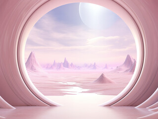Abstract futuristic metaverse background with portal entrance in pink tones.