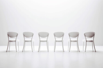 Row of white chairs sitting next to each other on white floor.