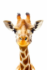 Close up of giraffe's face with white background.