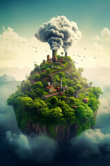 Floating island with lot of smoke coming out of the top of it. - obrazy, fototapety, plakaty