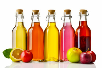 Row of glass bottles filled with different types of fruit and juices.