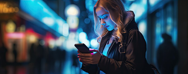 Woman using smartphone walking in dark or night city. - obrazy, fototapety, plakaty