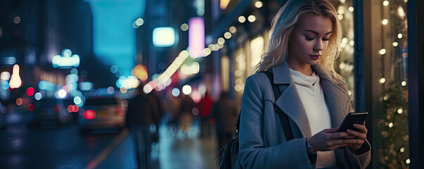 Fototapeta premium Woman using smartphone walking in dark or night city.