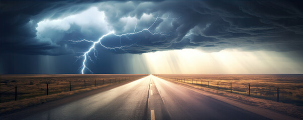 Supercell storm Thunder Tornado on road, wide banner or panorama photo.
