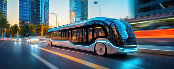 Obraz premium Scifi or futuristic bus in motion in evening city.