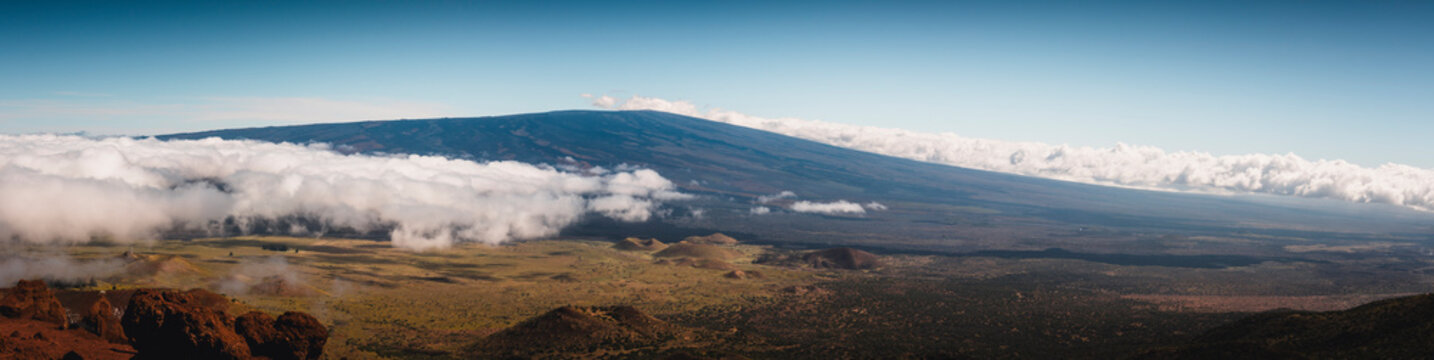 Panoramic view of Mauna Loa with clouds on its base