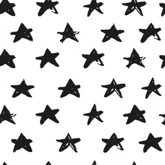 Monochrome grunge stars seamless pattern isolated on white background. Hand drawn paint brush backdrop. Black ink stains star wallpaper.