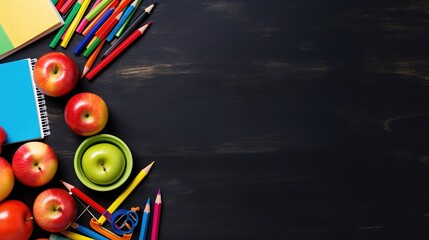 School supplies on black board background. Back to school concept. Generative AI