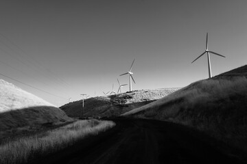 Black and white photo of wind turbines in Eastern Washington south of the Tri-Cities Columbia Basin region