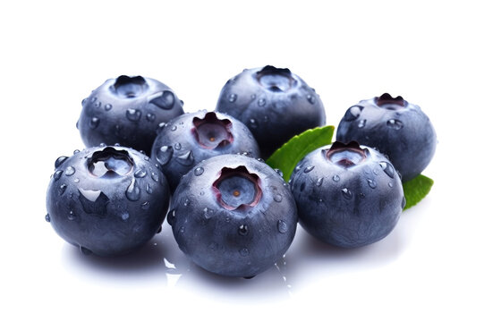 Blueberries isolated on a white background: Blueberries covered in water drops on a pristine white background, celebrating their juicy delight. Generative AI
