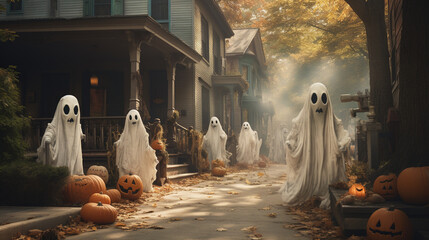 Photo of A pack of adorable little ghosts and goblins roam the neighborhood, seeking candy treasures, halloween