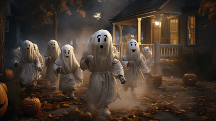 Photo of A pack of adorable little ghosts and goblins roam the neighborhood, seeking candy treasures, halloween