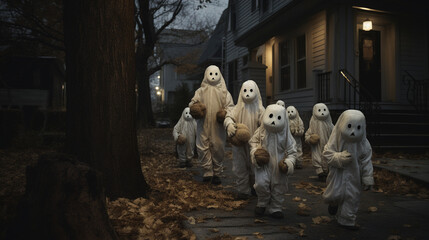 Obraz premium Photo of A pack of adorable little ghosts and goblins roam the neighborhood, seeking candy treasures, halloween