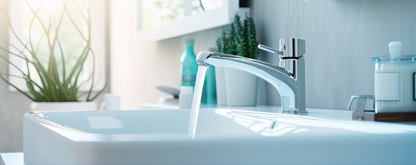 Water tap in modern bathroom with sink. - obrazy, fototapety, plakaty