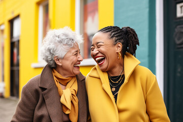 Two elderly woman of different races hugging and laughing on a yellow background - obrazy, fototapety, plakaty