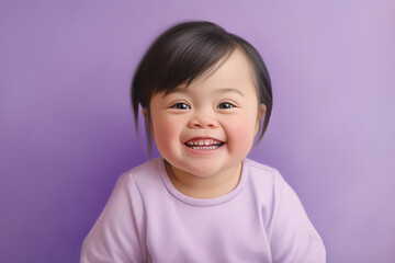 little Asian girl with down syndrome laughing portrait on a purple background