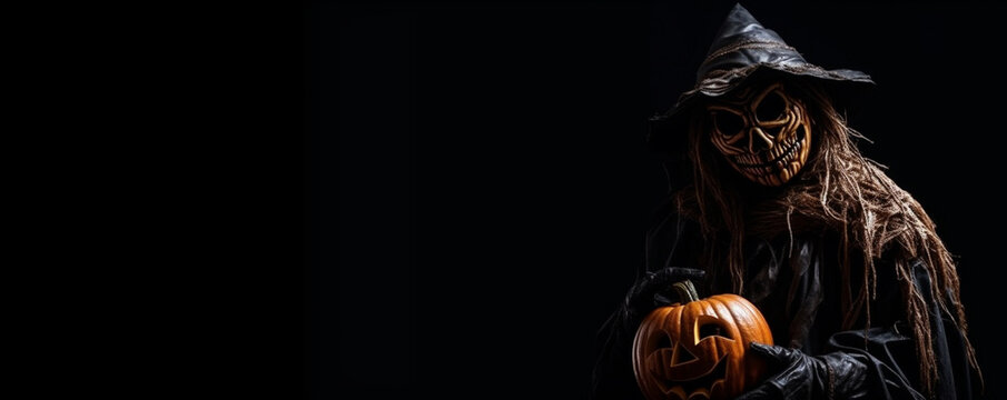 Halloween scarecrow witch with a skeleton on a black background with copyspace, Halloween background for marketing and web banners with space for text,
