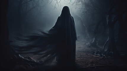 Photo of A mysterious figure in a cloak emerges from the shadows, adding an air of mystique to the night, halloween