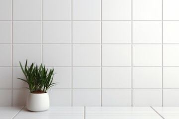 Aesthetic minimal white grid pattern wallpaper with green leaves in the pot. 